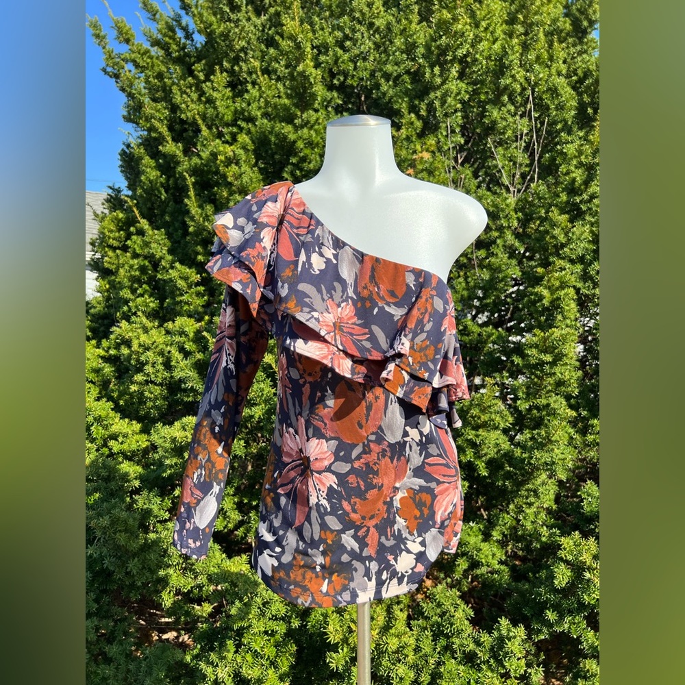 Veronica M Black Brown Blue Floral Ruffle Asymmetrical One Long Sleeve Top S